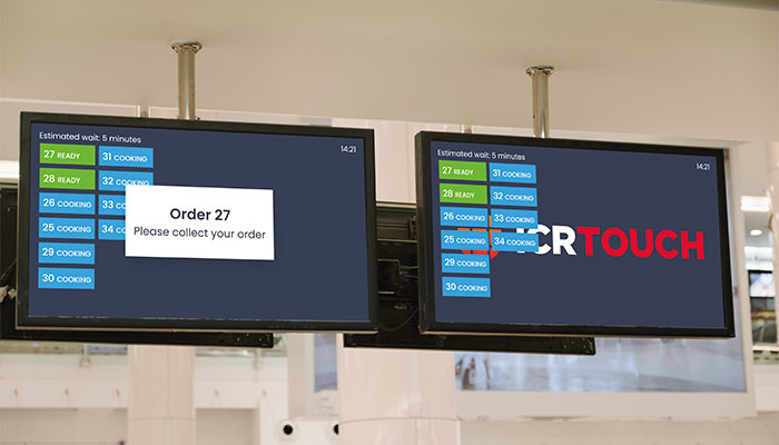 Two TV screens hanging from ceiling showing CollectionPoint software by ICRTouch