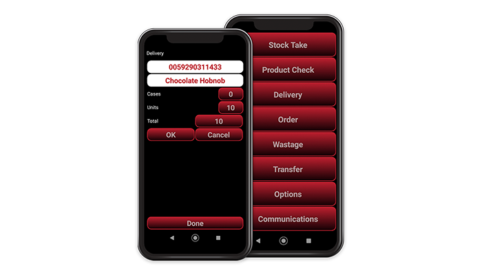 two phones showing TouchStock software from ICRTouch