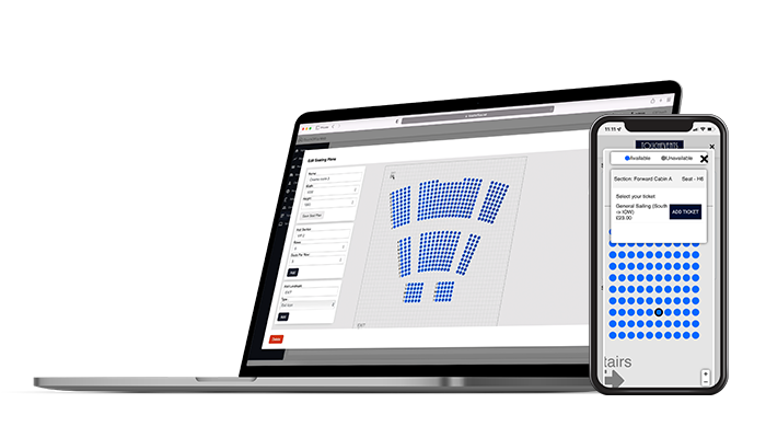 Laptop and phone displaying the ticketing system and seat picker functionality