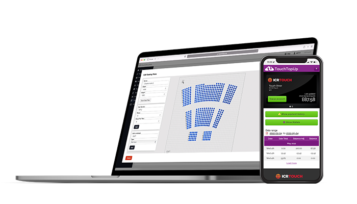 Laptop showing ticketing system and phone showing TouchTopUp from ICRTouch